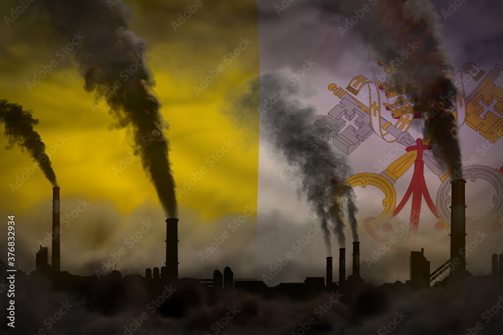 Global warming concept - heavy smoke from industry pipes on Holy See flag background with space for your text - industrial 3D illustration