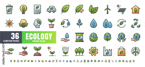 Vector of 36 Ecology and Green Energy Power Bicolor Filled Gradient Line Outline Icon Set. 48x48 and 192x192 Pixel Perfect Editable Stroke.