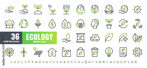 Vector of 36 Ecology and Green Energy Power Bicolor Line Outline Icon Set. 48x48 and 192x192 Pixel Perfect Editable Stroke.