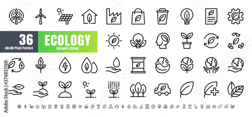 Vector of 36 Ecology and Green Energy Power Line Outline Icon Set. 48x48 and 192x192 Pixel Perfect Editable Stroke.
