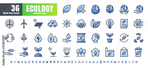 Vector of 36 Ecology and Green Energy Power Filled Monochrome Flat Color Line Outline Icon Set. 48x48 and 192x192 Pixel Perfect Editable Stroke.