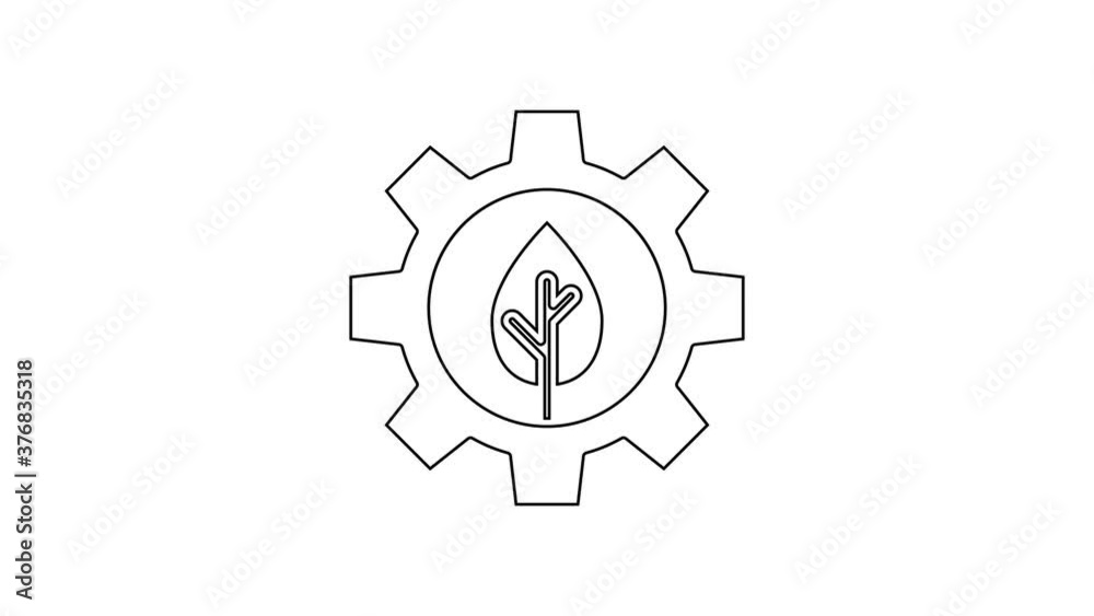 Black line Leaf plant ecology in gear machine icon isolated on white background. Eco friendly technology. World Environment day label. 4K Video motion graphic animation. Black line Leaf plant ecology in gear machine icon isolated on white background. Eco friendly technology. World Environment day label. 4K Video motion graphic animation.