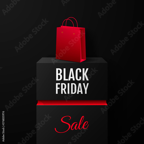 Black Friday sale. Promotional banner on square black column with product bag. Vector illustration.