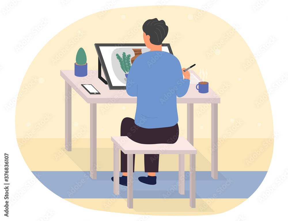 Digital art concept. Artist drawing a still life on a graphic tablet. Flat vector illustration. Digital art concept. Artist drawing a still life on a graphic tablet. Flat vector illustration.