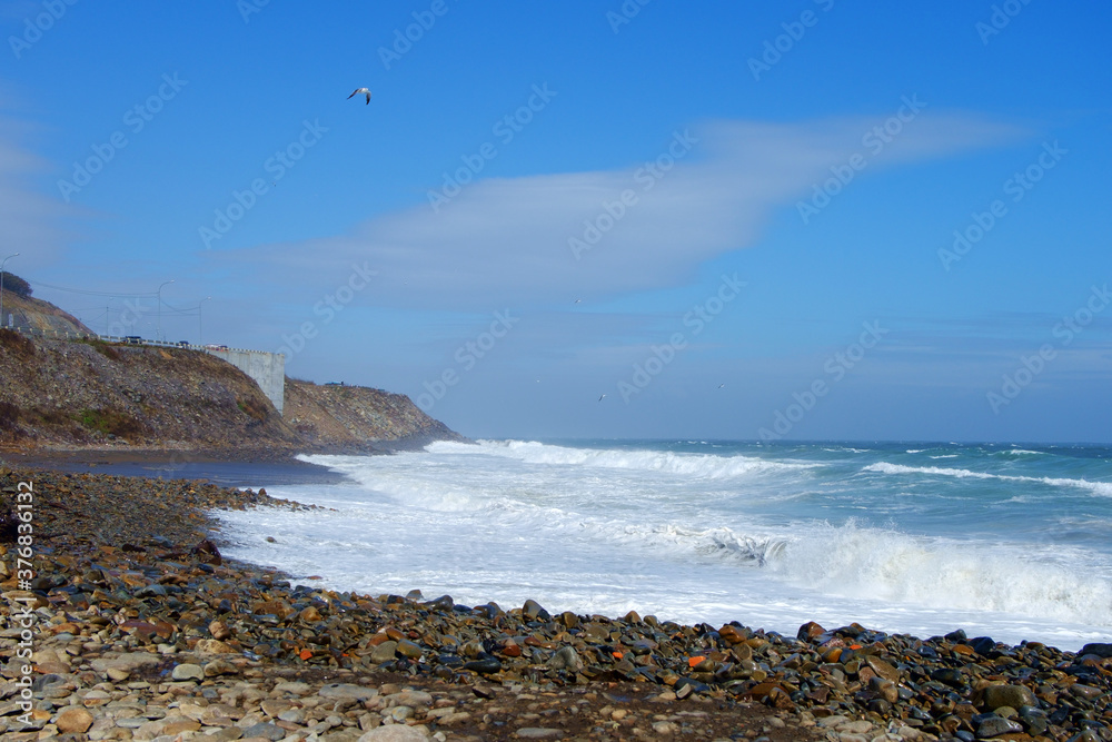 Fototapeta premium Storm waves on the coast of the sea of Japan.