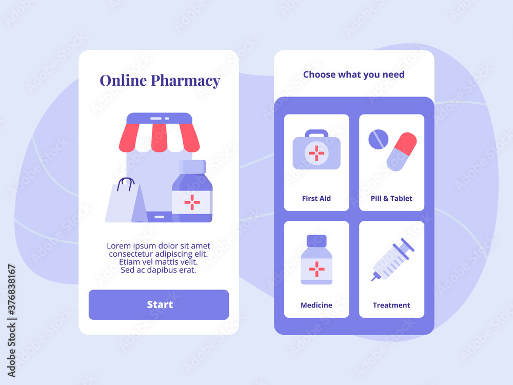 Fototapeta premium Online pharmacy first aid phill tablet medicine treatment for mobile apps template banner page UI with two variations modern flat color style
