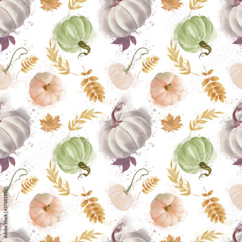 Autumn seasonal seamless pattern gentle colors on white background. Pumpkins and leaves. 6x6 inches (15x15 cm) photo