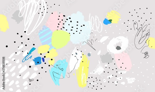 Vector illustration of a colorful abstract background. Contemporary pattern. Brush, marker, highlight stroke. Memphis vintage retro style. Children, kids drawing. Pink, gray, blue, yellow, white color
