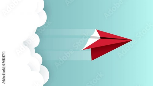 Animated cartoon design of paper plane flying on the sky. Business success concept