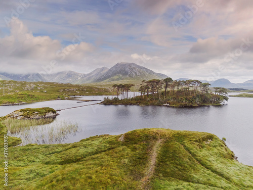 Aerial view on Twelve pines island in county Galway, Connemra, Ireland, Beautiful cloudy sky, Nobody. photo