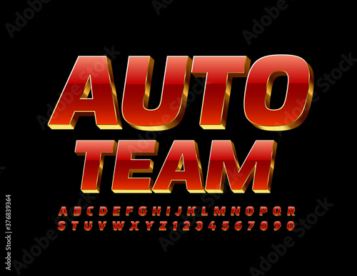 Vector elite logo Auto Team. Red and Gold shiny Font. 3D premium Alphabet Letters and Numbers set
