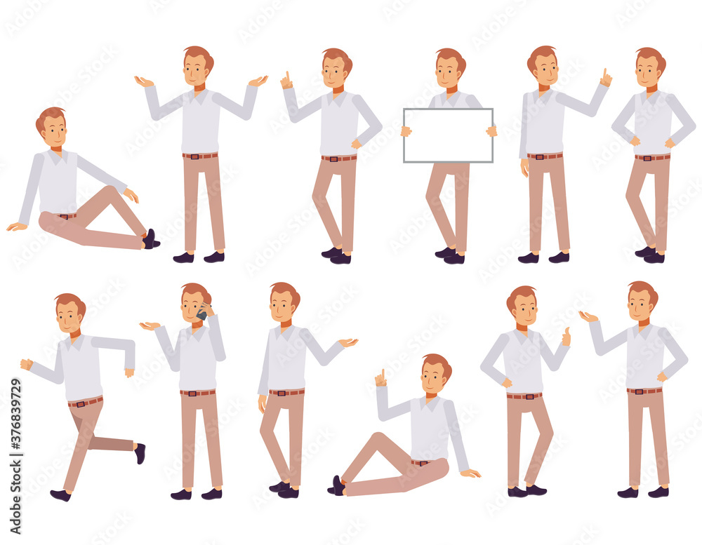 Set of a man in casual clothes in different poses.Vector illustration in a flat style Set of a man in casual clothes in different poses.Vector illustration in a flat style