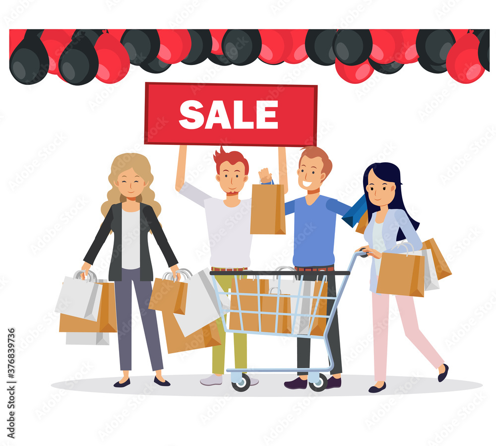 Black Friday Sale Event. Flat People Characters with Shopping Bags. Big Discount, Shopping Concept, Vector illustration