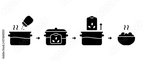 Cooking portion packaging of cereal, rice. Boil in bag silhouette instruction. Black outline icon of saucepan with boiling water, lid, salt, hot whole grain porridge. Flat isolated vector illustration