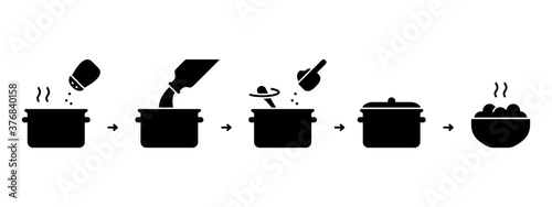 Silhouette steps for cooking ready-made food from flakes on stove. Instant mashed potatoes instruction. Outline icon of saucepan with boiling water, salt, milk, dry mix. Black flat vector illustration