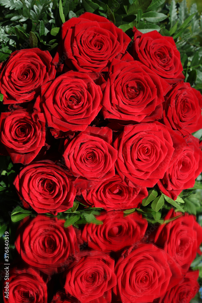 Rote Rosen auf einem Spiegel Rote Rosen auf einem Spiegel