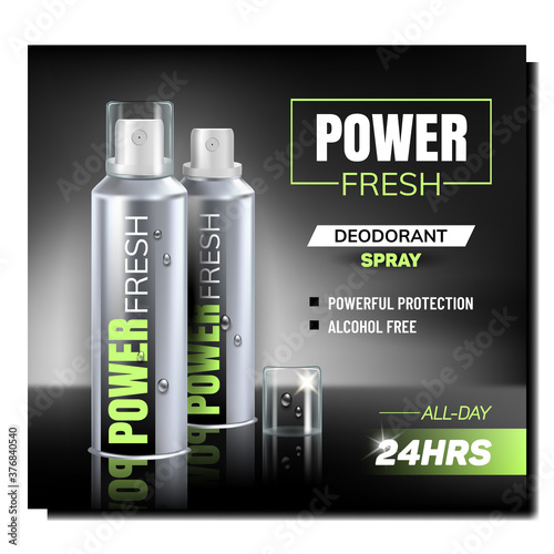 Deodorant Spray For Men Promotional Banner Vector. Deodorant Blank Metallic Bottle With Cap Advertise Marketing Poster. Skin Protection Accessory Style Colored Concept Template Illustration