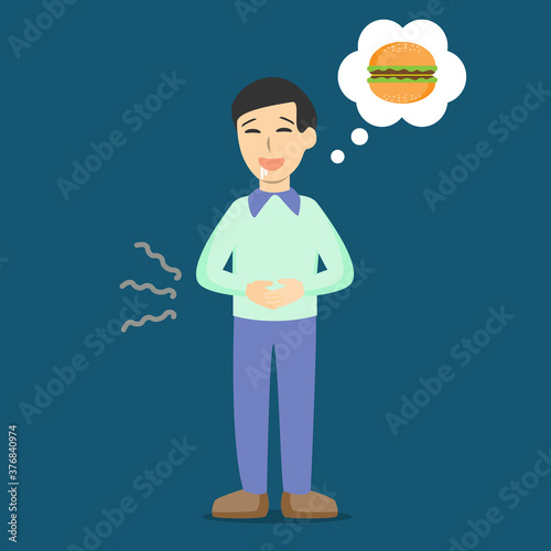 A hungry man thinking of hamburger. His stomach growling vector.