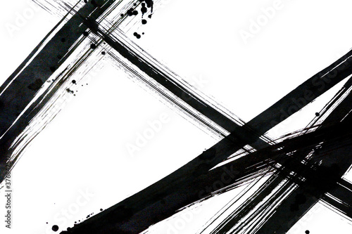 Brush painted black lines & drops on white background  
