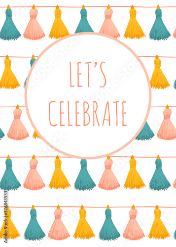 Tassels greeting card seamless vector illustration. Fully editable Lets celebrate Colorful decorative tassels pattern. Great for cards, party invitations, birthday celebrations, party decor, invite