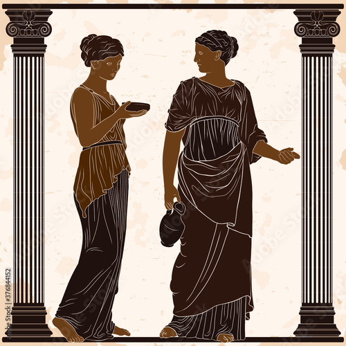 Two ancient Greek women in tunics with a jug and a bowl in their hands stand in the temple between two columns.
