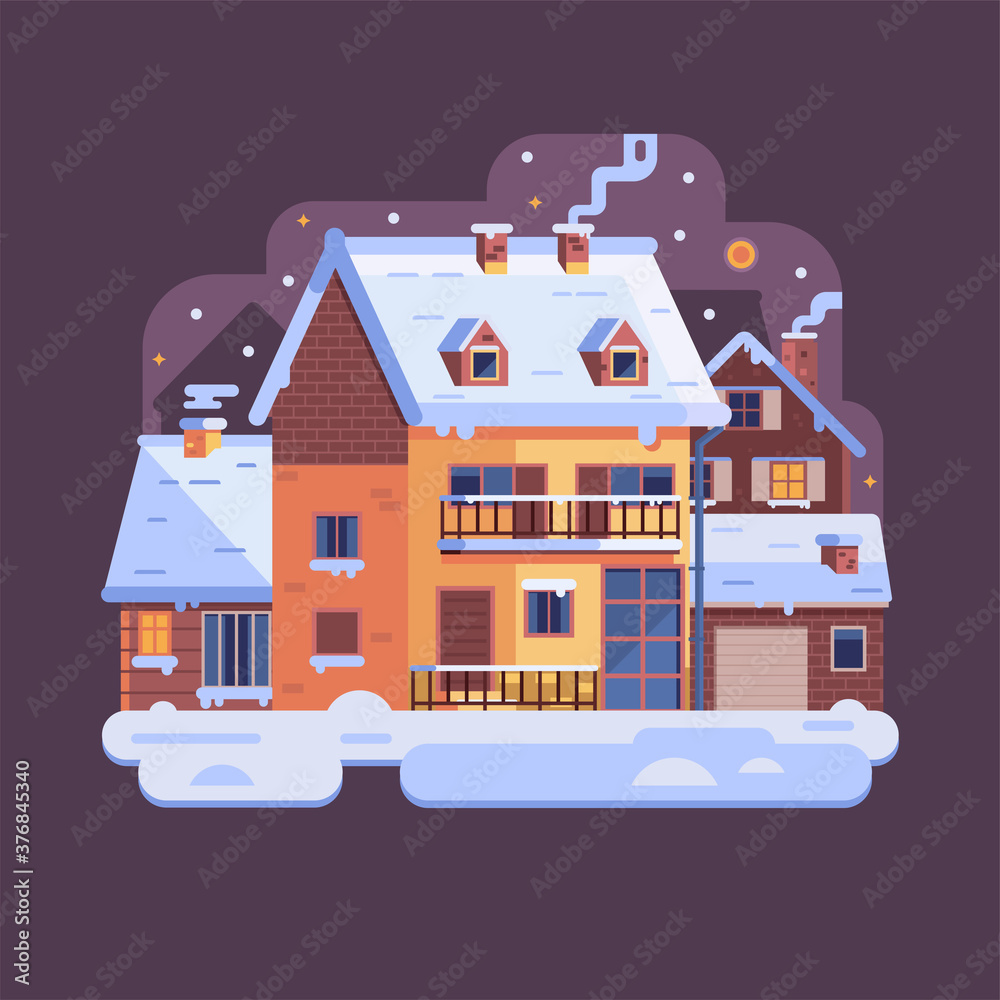 Winter Village Snowy Scene in Flat Design