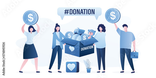 Women holds big box with donations, people philanthropists with coins. Donation concept banner. Toys and money in box. Female volunteers
