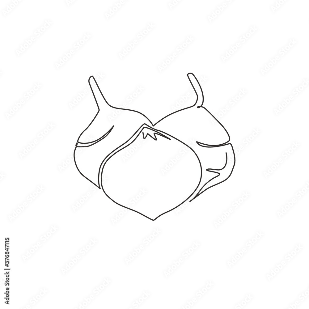 One continuous line drawing of whole healthy organic jicama for orchard logo identity. Fresh turnip vegetable concept for vegan farm icon. Modern single line draw design graphic vector illustration