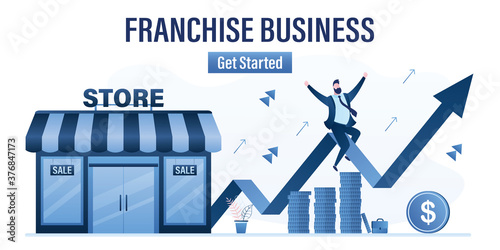 Happy, successful businessman sitting on growth graph arrow. Franchise business landing page template. Male character profit benefit,