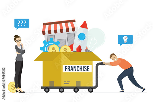 Businesswoman investor search new investment idea, businessman push cart with new startup. Successful franchise,