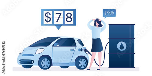 Modern car is fueled with gasoline from an oil barrel. Unhappy woman driver. Expensive fuel price on the meter, rising prices concept.