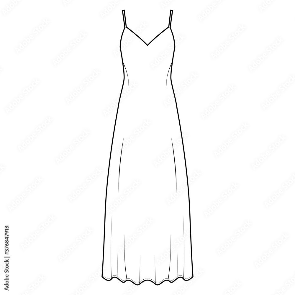 Strap sun dress technical fashion illustration with deep V-neck, maxi ancle length, loose shape, semi-sircular fullness. Flat apparel template front, white color. Women, men, unisex top CAD mockup Strap sun dress technical fashion illustration with deep V-neck, maxi ancle length, loose shape, semi-sircular fullness. Flat apparel template front, white color. Women, men, unisex top CAD mockup