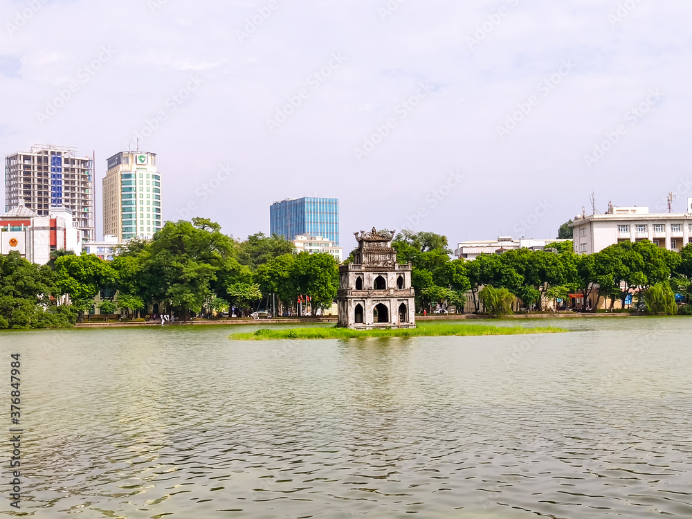 Pagodas by the lake in Hanoi in Vietnam