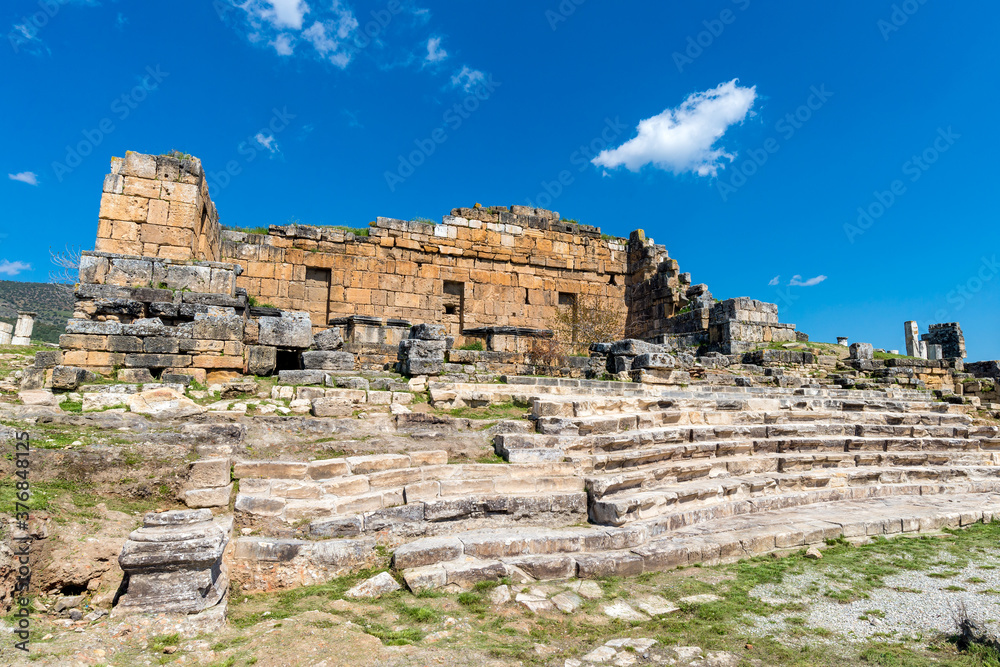 Ancient ruins in Hierapolis, Pamukkale, Turkey. The site is a UNESCO World Heritage site
