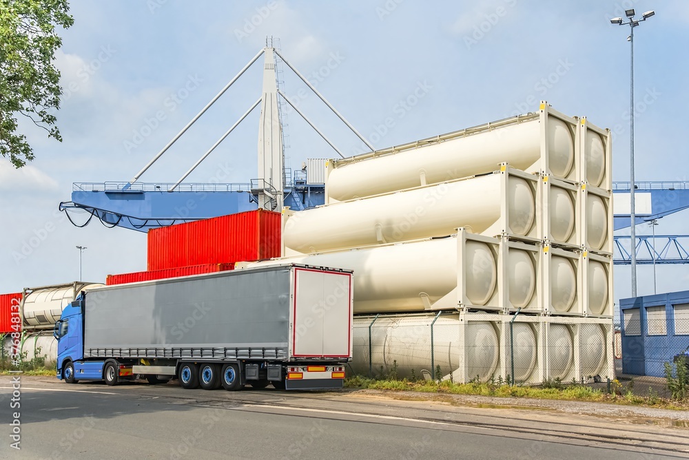 truck in port, delivery of cargo to Europe. Logistics Goods Transport