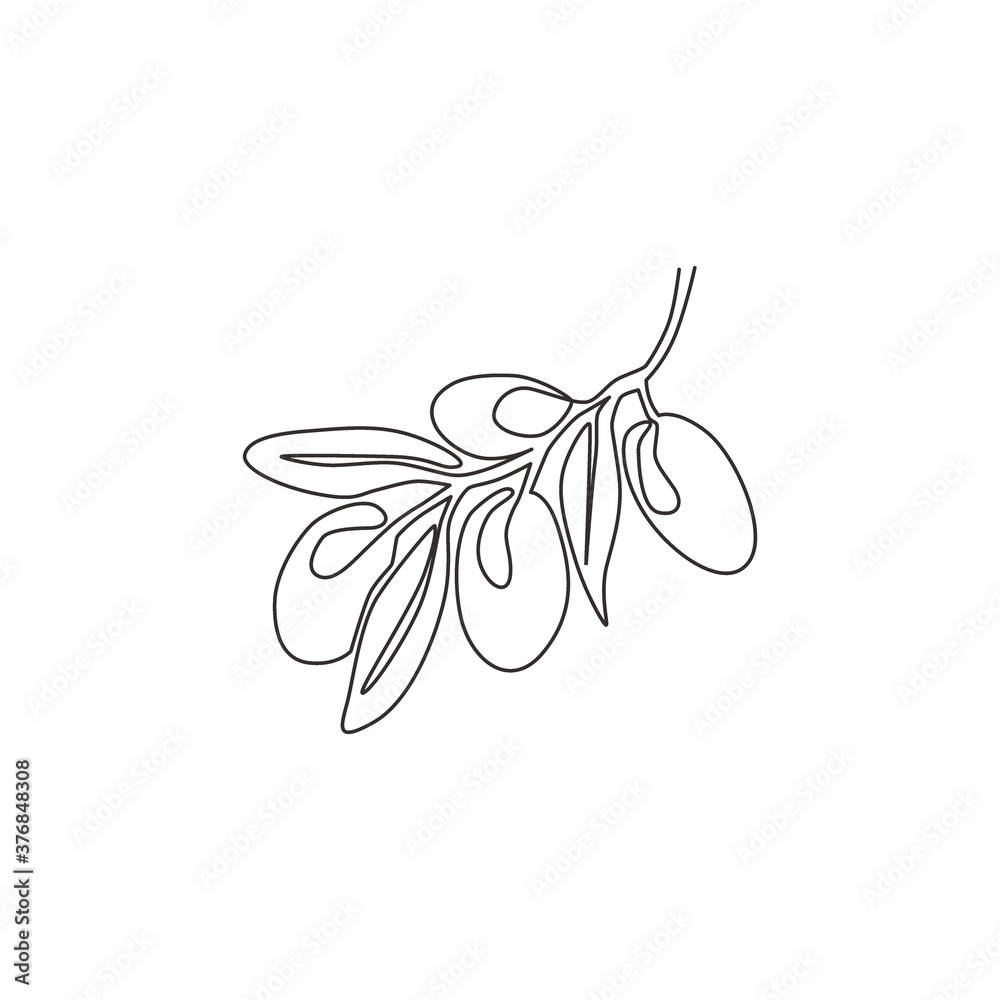 Single continuous line drawing of pile healthy organic olive fruit for orchard logo identity. Fresh core ingredients concept for fruit icon. Modern one line draw design graphic vector illustration