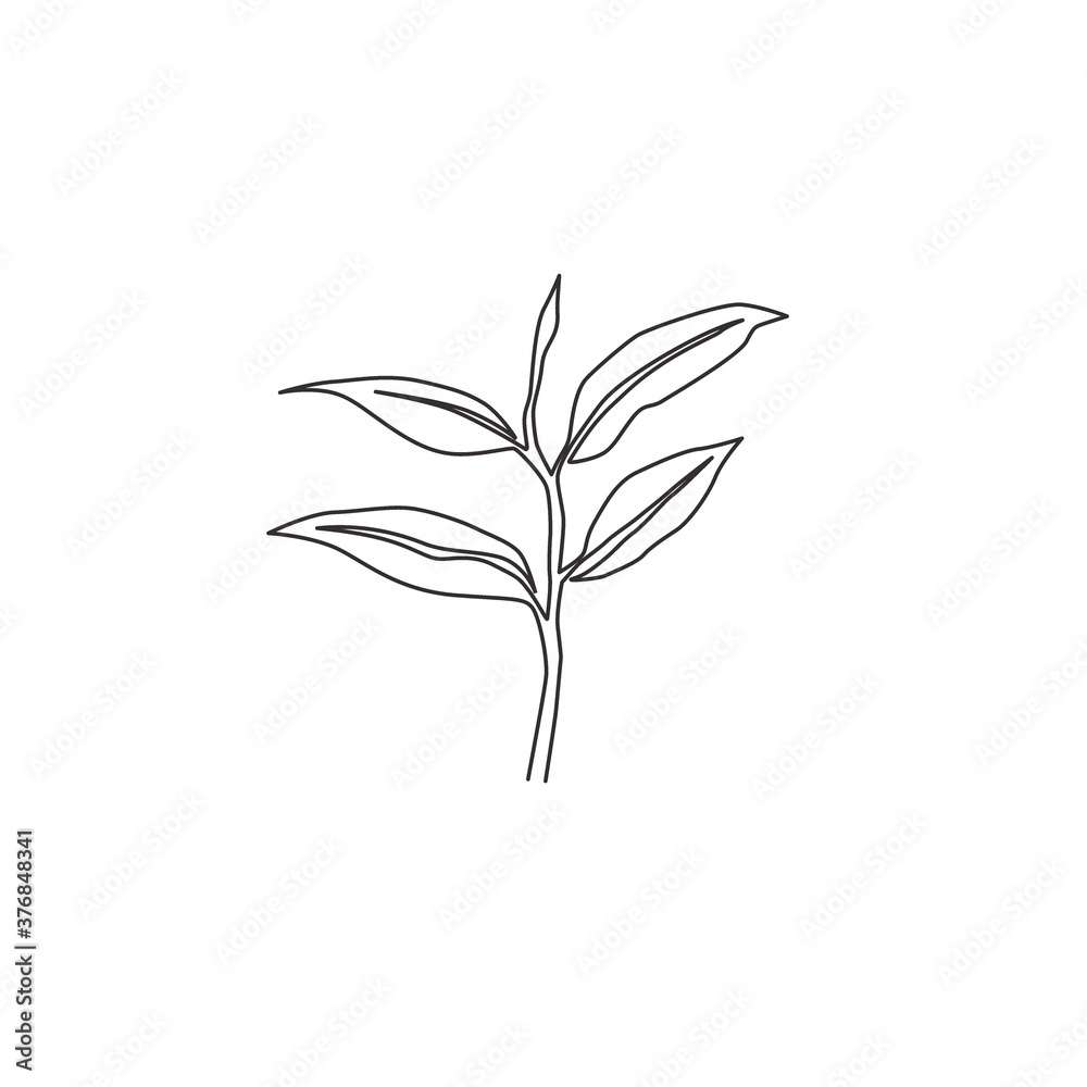 Naklejka premium One single line drawing healthy organic tea leaves for plantation logo identity. Fresh tender bud of tea shoot concept for tea leaf icon. Modern continuous line draw design graphic vector illustration