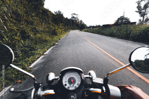 Road and mountain views when driving a motorcycle