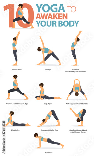 10 Yoga poses to awaken your body concept. Women exercising for body stretching. Yoga posture or asana for fitness infographic. Flat cartoon vector.