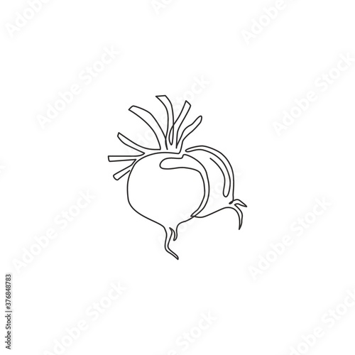 One continuous line drawing of whole healthy organic red radish for plantation logo identity. Fresh veggie concept for edible root vegetable icon. Modern single line draw design vector illustration