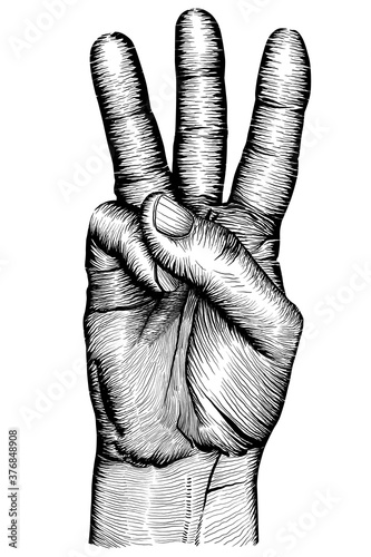 A hand with three fingers extended. Black and white drawing.