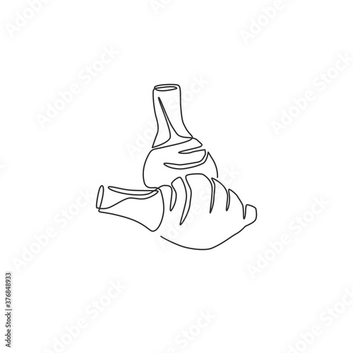 One continuous line drawing of whole healthy organic taro for farm logo identity. Fresh tropical plant edible corm concept for root vegetable icon. Modern single line draw design vector illustration