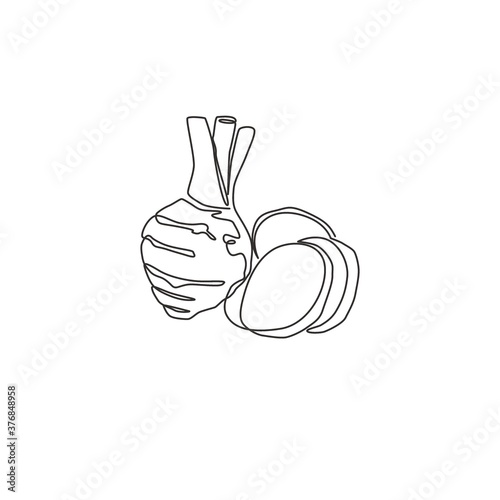 Single continuous line drawing of whole healthy organic taro for farm logo identity. Fresh tropical plant edible corm concept for root vegetable icon. Modern one line draw design vector illustration