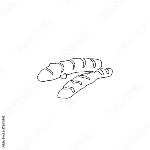 Single continuous line drawing of whole healthy organic turmeric for logo identity. Fresh flowering plant concept for vegetable icon. Modern one line draw design vector graphic illustration