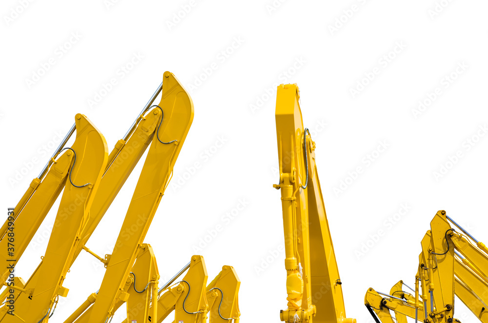 Yellow backhoe with hydraulic piston arm isolated on white. Heavy