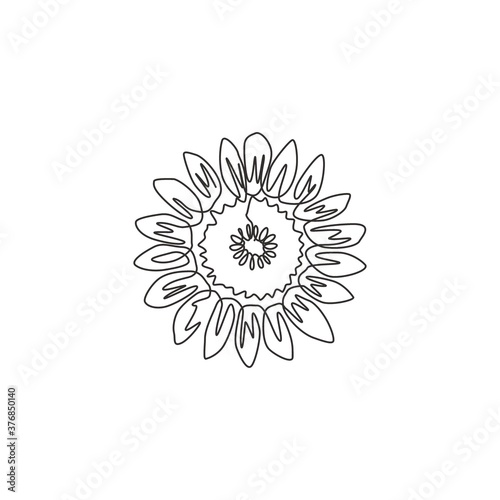 One single line drawing of beauty fresh sunflower for garden logo. Printable decorative helianthus summer flower concept wall home decor poster. Modern continuous line draw design vector illustration