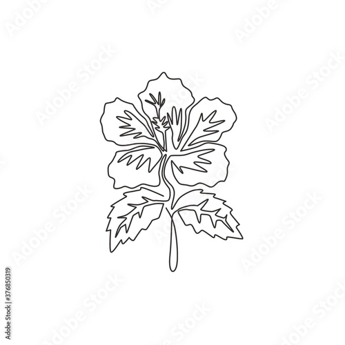 One single line drawing of beauty fresh hibiscus for garden logo. Decorative rose mallow flower concept for wall home decor poster. Modern continuous line draw graphic design vector illustration
