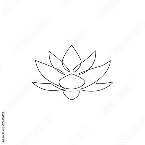 Single continuous line drawing of beauty fresh lotus for healthcare spa business logo. Printable decorative water lily flower concept home wall decor poster. One line draw design vector illustration