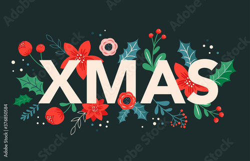 Christmas backgrounds and New year abstract botanical illustrations, cards and patterns with red flowers and leaves. 