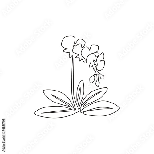 One continuous line drawing of beauty fresh lily for home wall art decor poster. Printable sword gladius flower concept for wedding invitation card. Modern single line draw design vector illustration